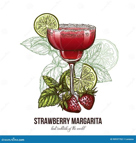 Strawberry Margarita Cocktail With Berries Stock Vector Illustration