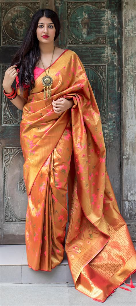 Golden Kanchipuram Silk Saree With Multi Colored Lotus Motif Weaving