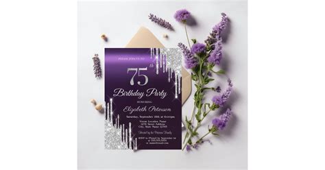 Silver Glitter Drips Dark Purple 75th Birthday Invitation Zazzle