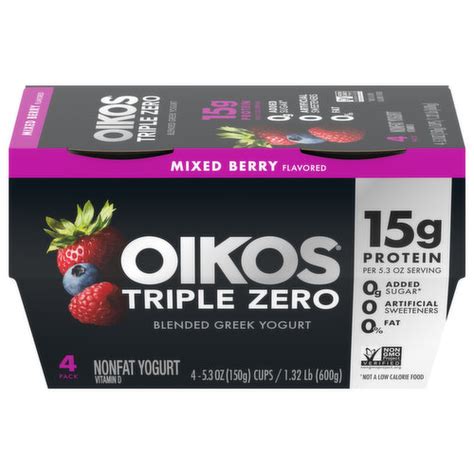 Oikos Yogurt, Greek, Mixed Berry Flavored, Blended, 4 Pack