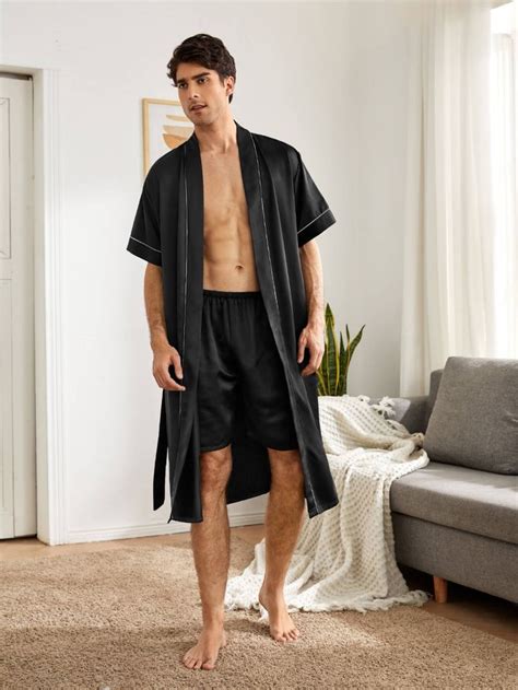 Men 2pcs Short Sleeve Silk Robe Sleep Shorts Set Men Pajamas Fashion