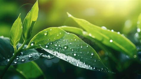 Macro Shot Of Raindrops On Green Leaves Background Stock Illustration