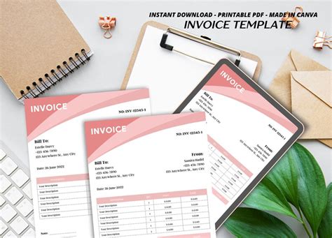 Pink Invoice Template Printable Business Invoice Digital Etsy