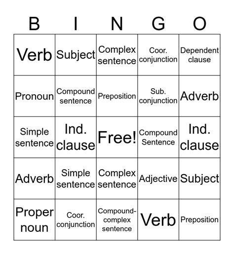 Grammar Bingo Card