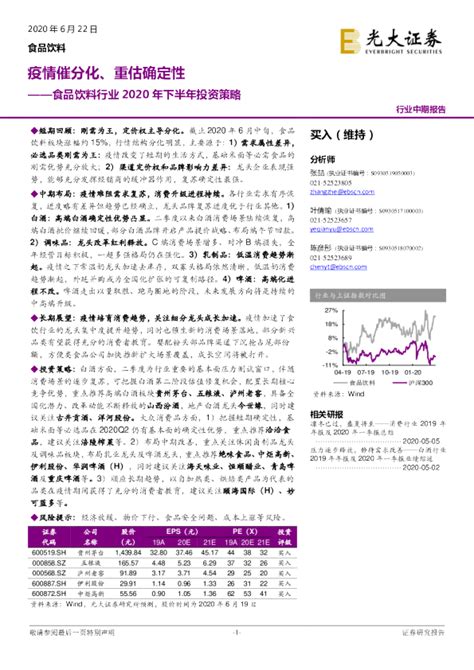 食品饮料行业2020年下半年投资策略：疫情催分化、重估确定性