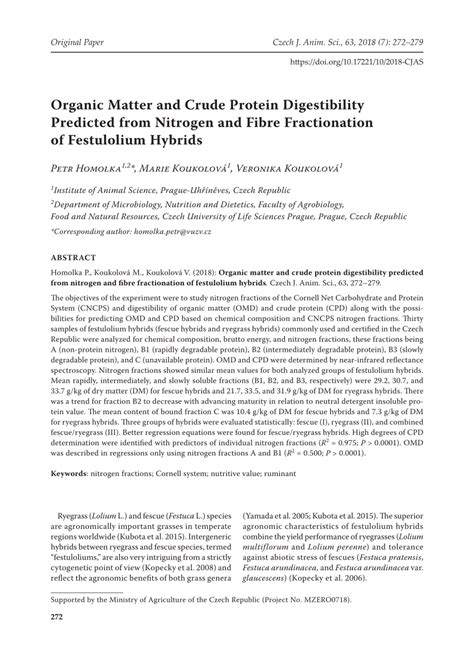 Pdf Organic Matter And Crude Protein Digestibility Predicted From