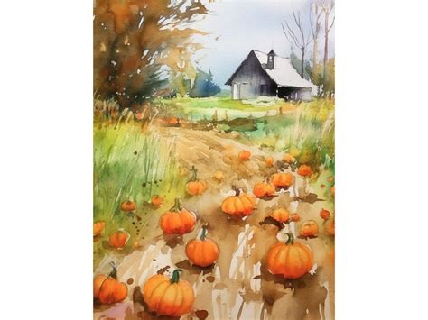 Pumpkin Patch Painting Asheville Farm Landscape Watercolor Autumn North ...