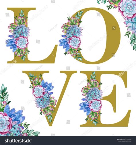 Floral Watercolor Love Word Art Combination: ilustrações stock ...