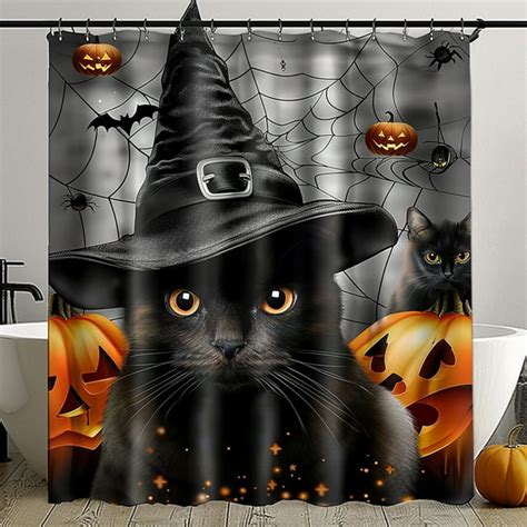 Spooky Halloween Black Cat Shower Curtain With Witch Hat Pumpkins And