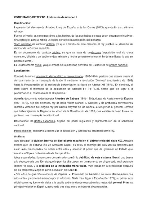 Abdicacion Amadeo I Kdkebebsbsbanan Comentario De Texto Abdicaci N