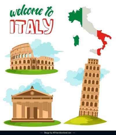 Italy Tourism Banner Retro Architectures Flag Map Sketch Vectors Stock