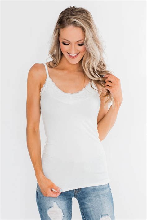 Pulse Basics Lace Trimmed Tank Top Ivory Lace Trim Tank Top Tank