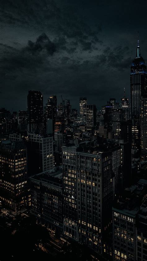 Dark Night City Lighte And Buildings Gedung Pencakar Langit Pencakar