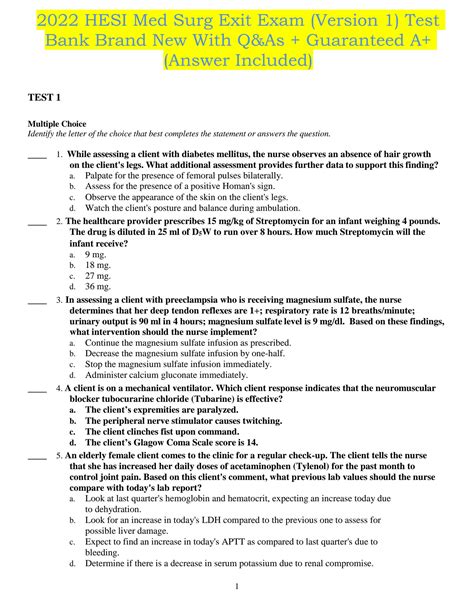 SOLUTION 2022 Hesi Med Surg Exit Exam Version 1 Test Bank Brand New