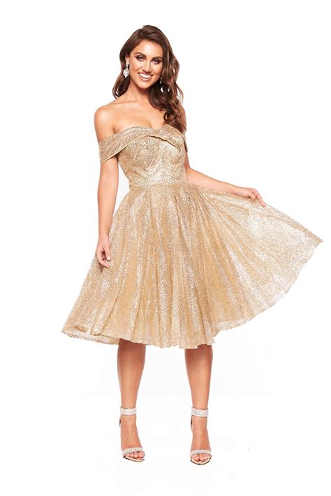 Aandn Nyla Glitter Cocktail Off Shoulder Midi Dress Gold Gold