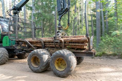 Loading Logs On A Truck Trailer Using A Tractor Loader With A Grab