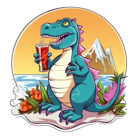 Dinosaurio De Dibujos Animados Bebiendo Un Vaso De Jugo Foto Premium