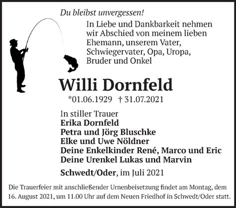 Traueranzeigen Von Willi Dornfeld M Rkische Onlinezeitung Trauerportal