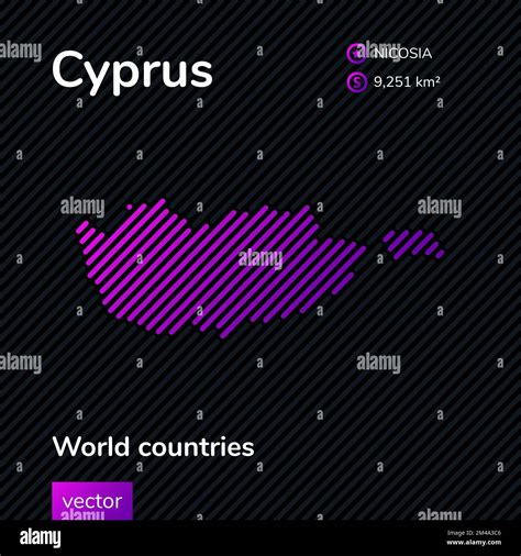 Vector Striped Map Of Cyprus In Violet Colors On A Black Background