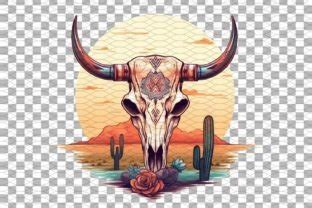 Boho Cow Skull With Sunset On Desert Graphic By Timecraftshop