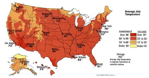 Free map of average July temperature of USA