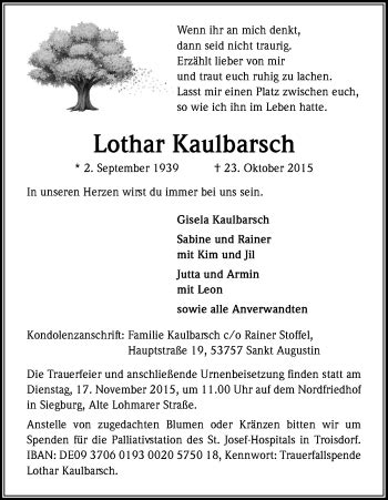 Traueranzeigen Von Lothar Kaulbarsch Wirtrauern