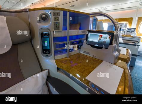 Interior of business class of the world's largest aircraft Airbus A380 ...