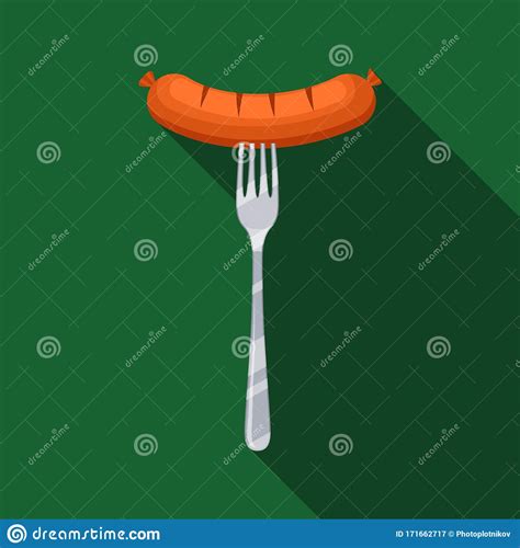 Grilled Sausage On A Fork Icon On Green Background With Long Shadow