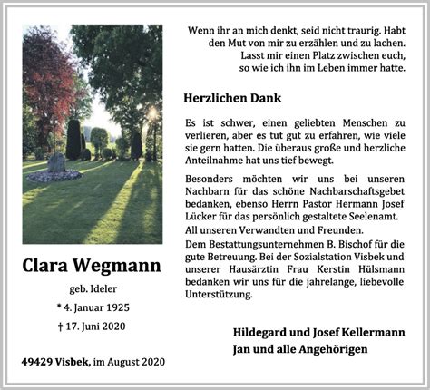 Traueranzeigen Von Clara Wegmann Om Trauer De