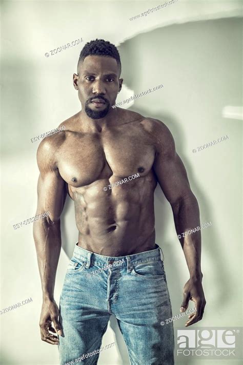 African American Bodybuilder Man Naked Muscular Torso Wearing Jeans