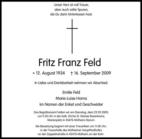 Traueranzeigen Von Fritz Franz Feld Trauer In Nrw De