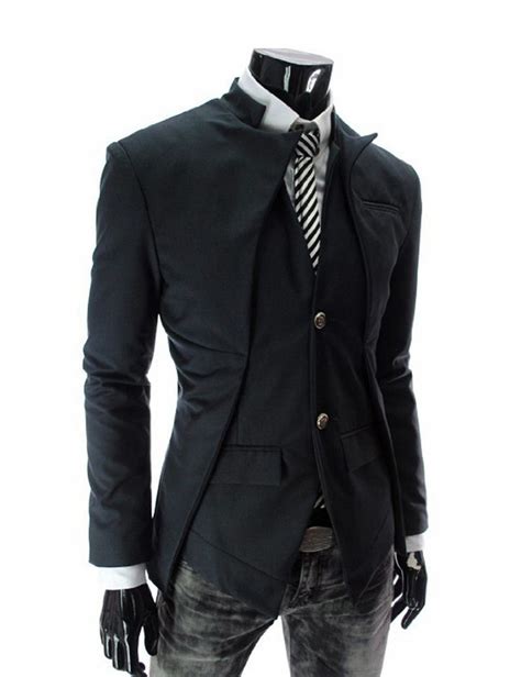 Mens Long Sleeve Stand Up Collar Asymmetric Suit Jacket Mens Fashion Blazer Jackets Men