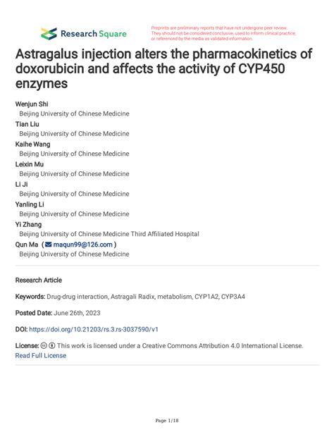 Pdf Astragalus Injection Alters The Pharmacokinetics Of Doxorubicin