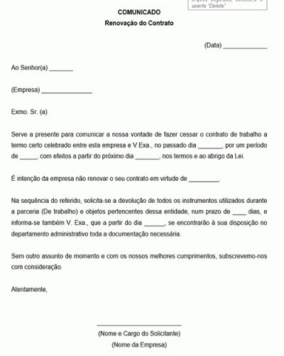 Referência para um Comunicado de Não Renovação de Contrato Modelo