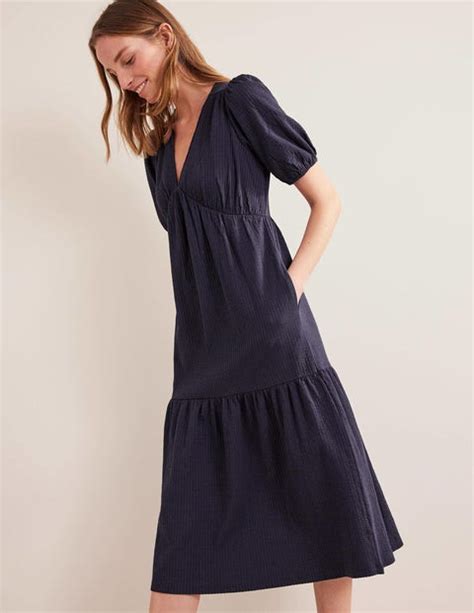 Jersey Seersucker Midi Dress Navy Boden Eu