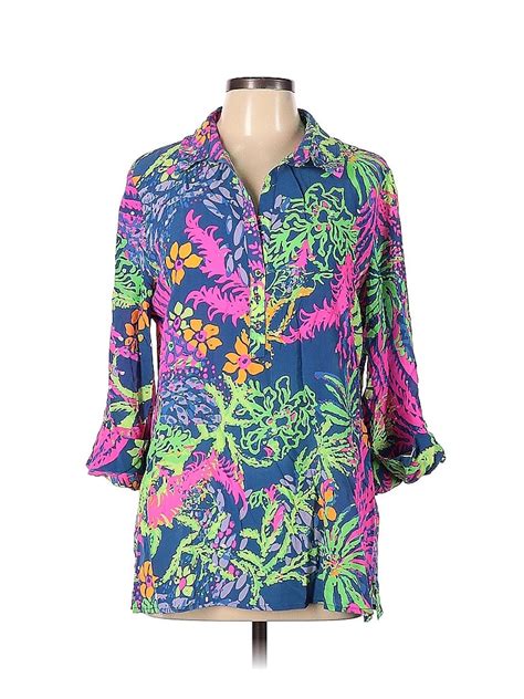 Lilly Pulitzer 100 Silk Multi Color Blue Long Sleeve Silk Top Size L