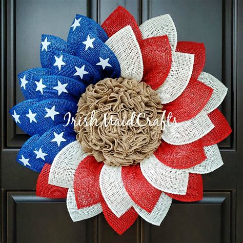 Patriotic Flag Americana Poly Burlap Flower Wreath Th July Etsy In