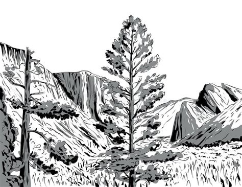 Wawona Tunnel Vista View Of Yosemite National Park Comics Style Drawing