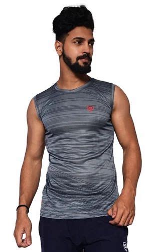 Polyester Men Grey Printed Micro Dri Fit Round Neck Sleeveless T Shirt