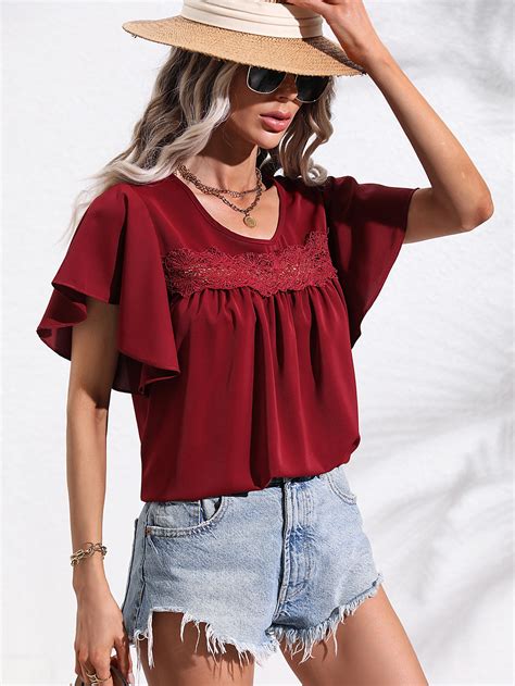 Shein Lune Guipure Lace Insert Butterfly Sleeve Blouse Shein Usa