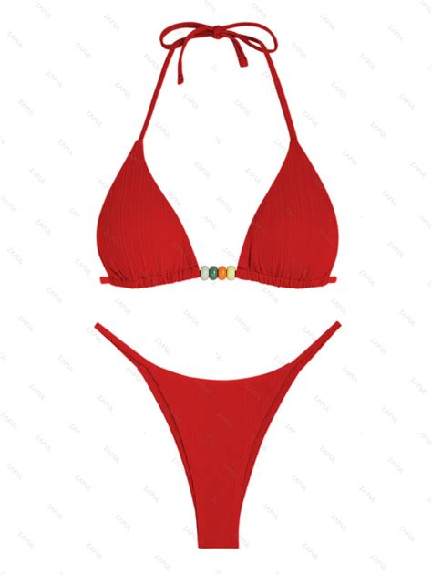 Zaful Ribbed Beading Triangular String Bikini Swimwear In Red Zaful