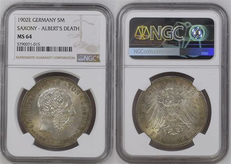 GERMANY 1902E 5 Mark Sachsen 1902 Auf Den Tod NGC MS 64 MA Shops