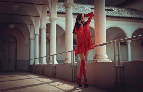 Wallpaper Brunette Women Outdoors Balcony Long Hair Minidress