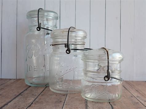 Vintage Clear Glass Ball Ideal Jar With Lid And Bail Set Of 3 Quart Pint And Third Pint Sized