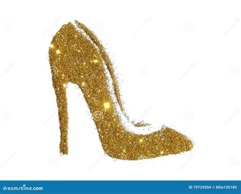 High Heel Shoe Of Golden Glitter Sparkle On White Background Stock