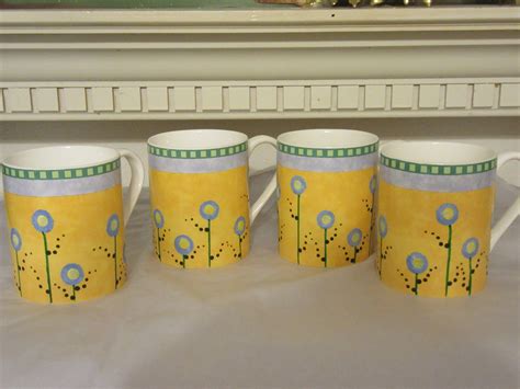 Mugs Cups Coffee Tea Hand Painted Corning Ware Happy Flower Set Of 4 Y