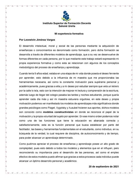 Reporte Escrito De Una Experiencia Formativa De Septiembre De