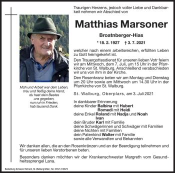 Traueranzeigen Von Matthias Marsoner Trauer Bz