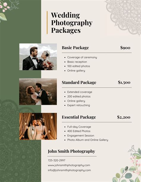 Elegant Cream And Green Photographer Price List Venngage