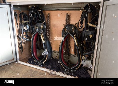 A Storage Cabinet Of Shire Horse Cart Harnesses In The Stable Tack Room